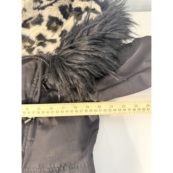 Belle Badgley Mischka Women's Medium Parka Jacket Black Leopard Faux Fur Hood - Picture 13 of 16